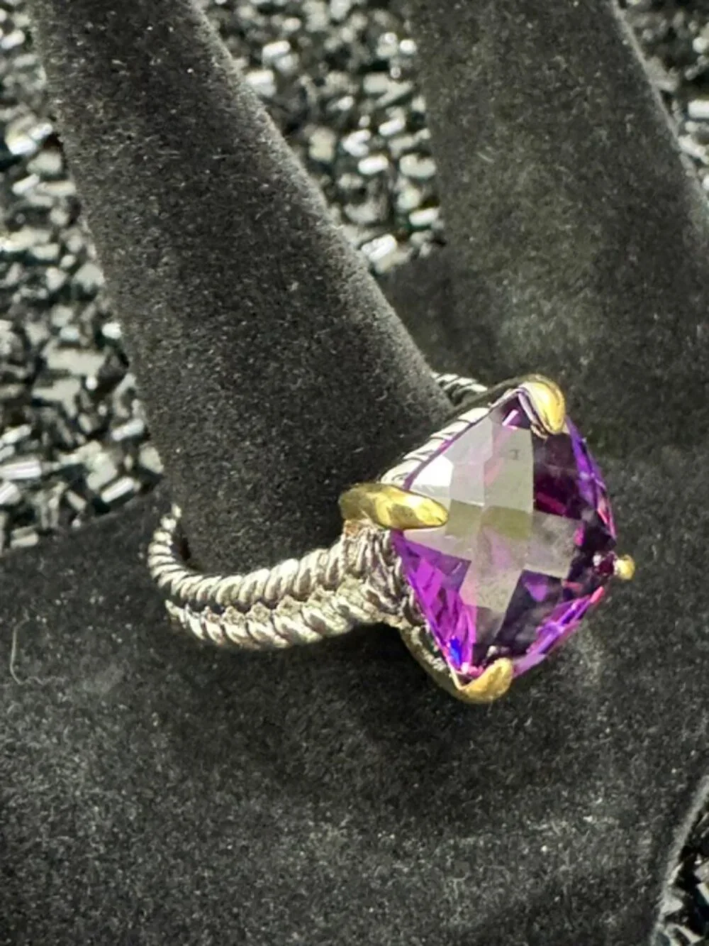 18K White Gold & Yellow Gold Filled Purple AAA CZ Statement Ring Size 7 NWOT